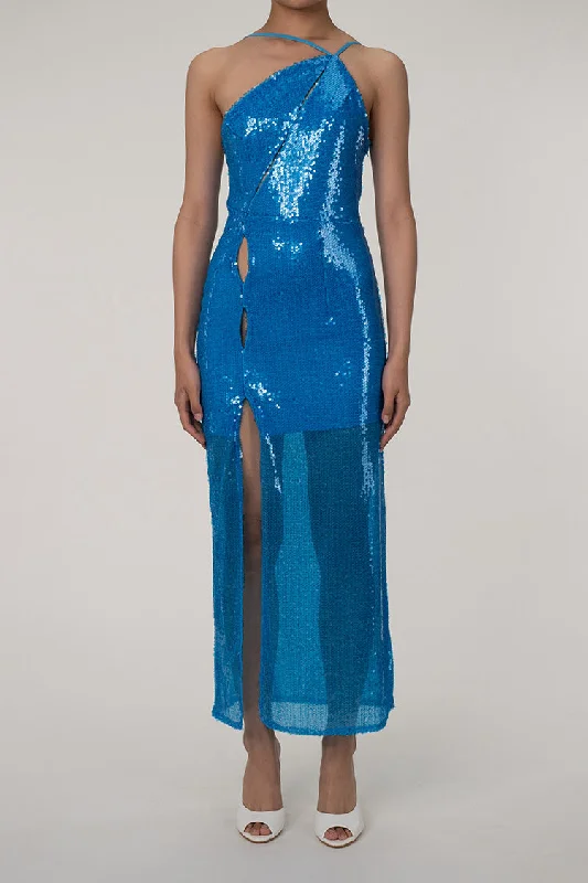 Asymmetrical One Shoulder Cutout High Split Sequin Evening Maxi Dress - Blue Cozy Longline Maxi Dress