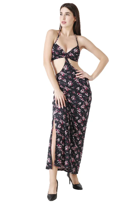 Black Floral Printed Maxi Dress with Side Cutouts Trendy Satin Maxi Dress