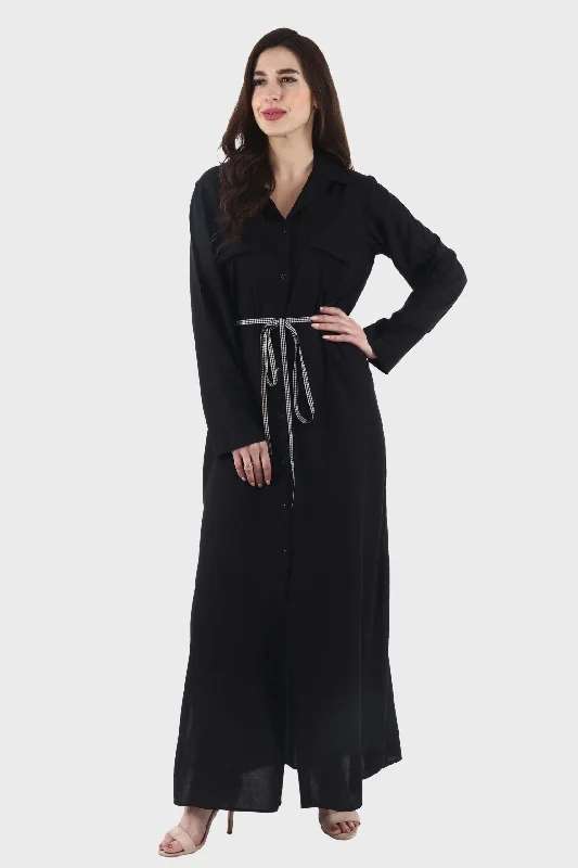 Black Solid Buttoned Maxi Dress with Tie Comfortable Cotton Maxi Dress