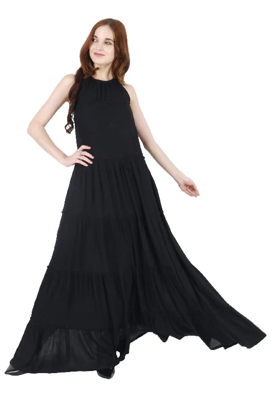 Black Solid Frill Maxi Dress Trendy Printed Maxi Dress