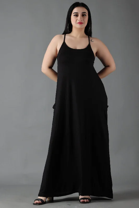 Black Solid Maxi Dress with Straps Elegant Tiered Maxi Dress