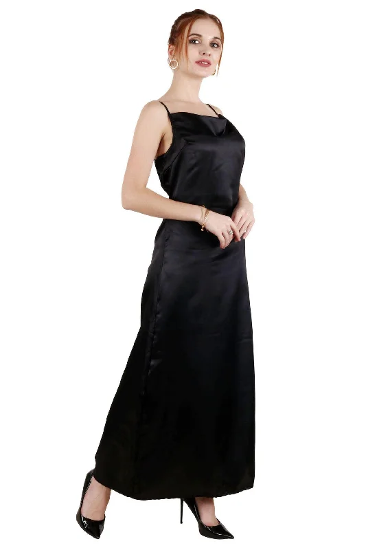 Black Solid Satin Maxi Dress Comfortable Cotton Maxi Dress