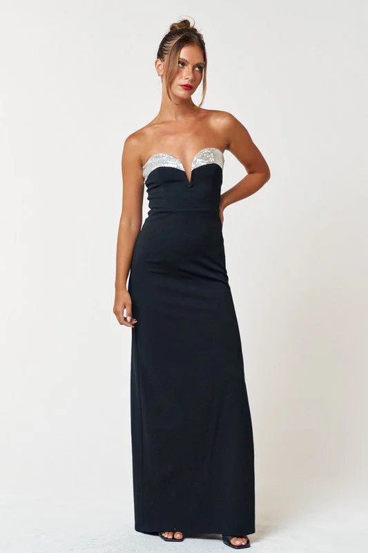 Black Tie Glitz Sequin Tube Maxi Dress Stylish Longline Maxi Dress