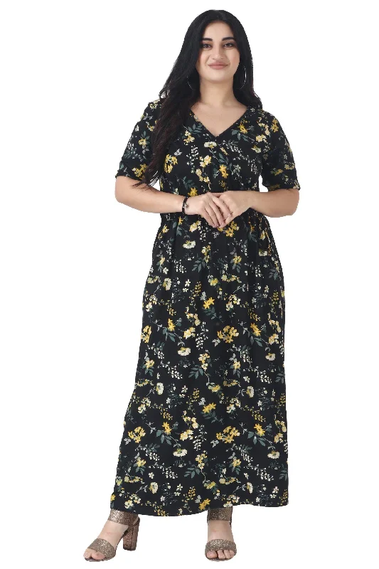 Black & Yellow Floral Printed Maxi Dress Comfortable Fit-and-Flare Maxi Dress