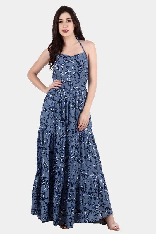 Blue Floral Printed Maxi Dress Stylish Longline Maxi Dress