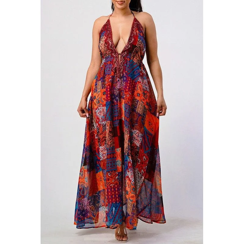 Bohemian print sequin lace trim maxi dress Trendy Maxi Dress with Lace