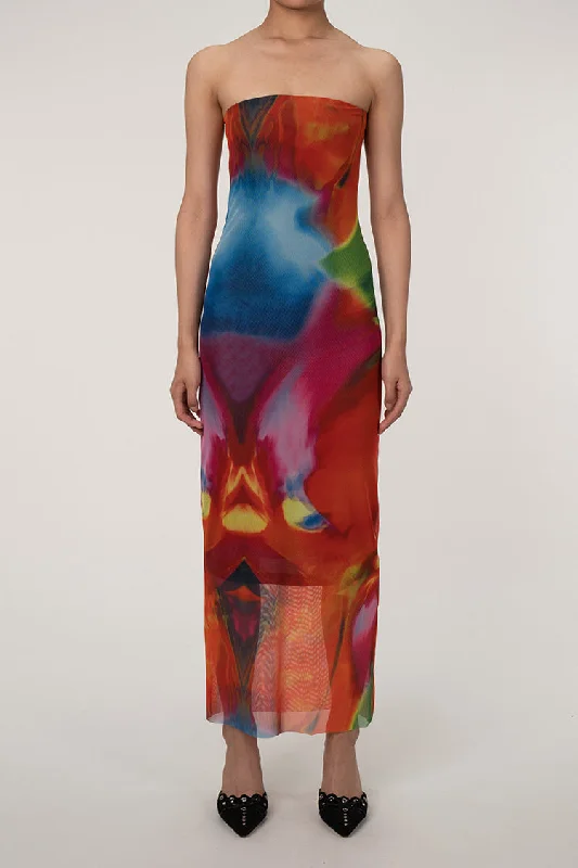 Sexy Bold Abstract Printed Summer Strapless Mesh Maxi Dress - Multicolor Stylish Maxi Dress with Frills