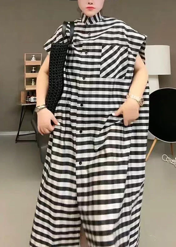 Casual Black Striped Stand Collar Button Maxi Dress Short Sleeve Fashionable Sheer Maxi Dress