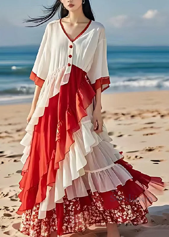 Chic White V Neck Ruffled Patchwork Wrinkled Chiffon Maxi Dress Summer Stylish A-Line Maxi Dress