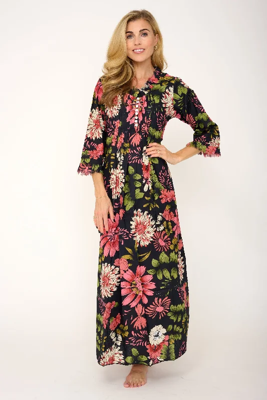 Cotton Annabel Maxi Dress in Black Floral Fashionable Maxi Dress with Fringe