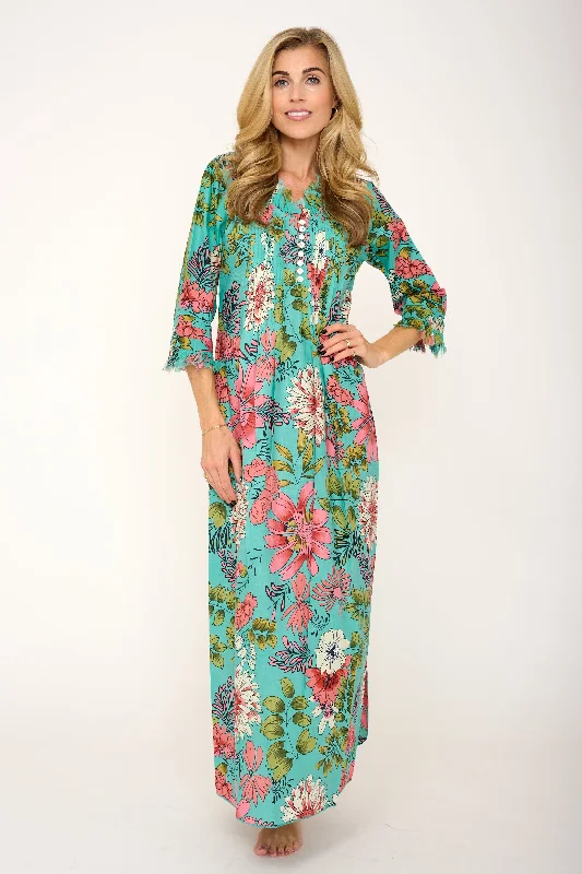 Cotton Annabel Maxi Dress in Turquoise Floral Stylish One-Shoulder Maxi Dress