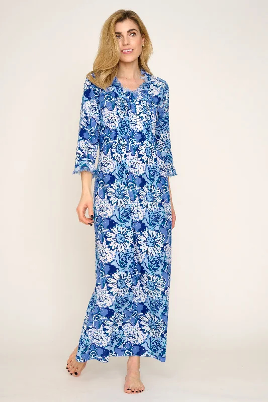 Cotton Annabel Maxi Dress in Blue Seas & White Floral Comfortable Casual Maxi Dress