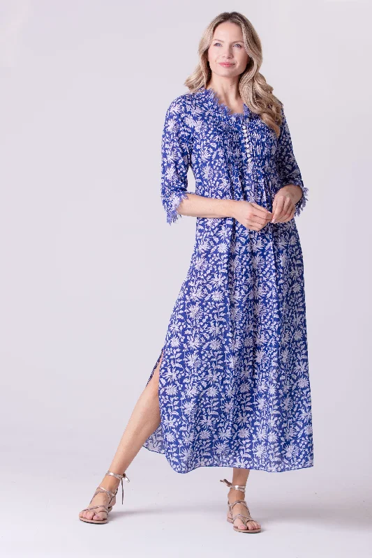 Cotton Annabel Maxi Dress in Blue with White Flower Stylish Maxi Dress with Frills