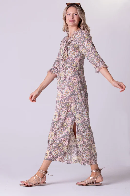 Cotton Annabel Maxi Dress in Dove Grey Floral Trendy Button Front Maxi Dress