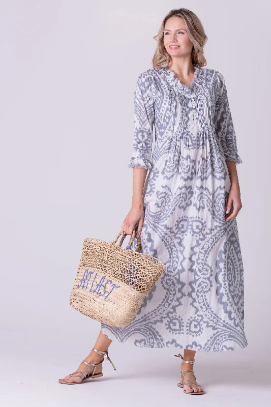 Cotton Annabel Maxi Dress in Grey & White Ikat Comfortable Long-Sleeve Maxi Dress