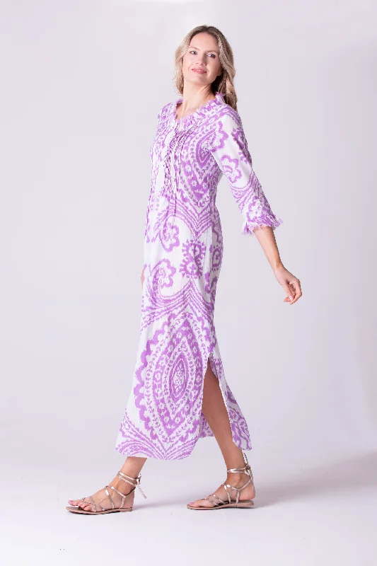 Cotton Annabel Maxi Dress in Lilac & White Ikat Elegant Maxi Dress with Drapes