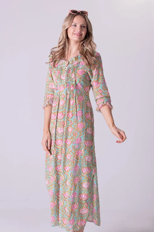 Cotton Annabel Maxi Dress in Mediterranean Floral Trendy Ruffled Maxi Dress