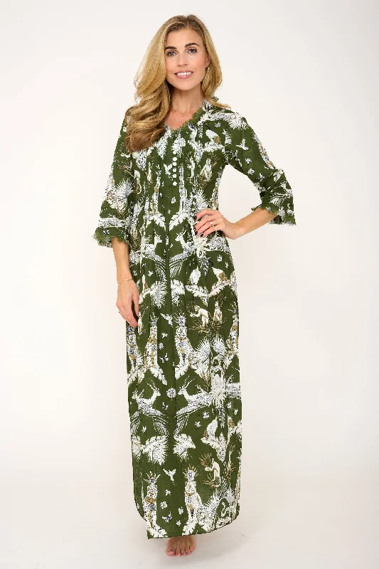 Cotton Annabel Maxi Dress in Olive Green Tropical Stylish Longline Maxi Dress