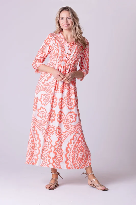 Cotton Annabel Maxi Dress in Orange & White Ikat Elegant Maxi Dress with Belt