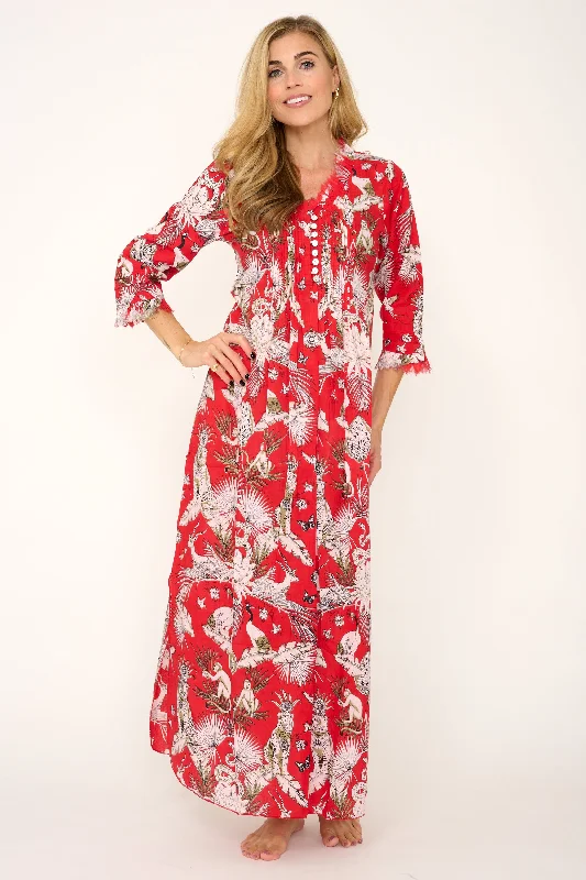 Cotton Annabel Maxi Dress in Red Tropical Fashionable High-Low Maxi Dress