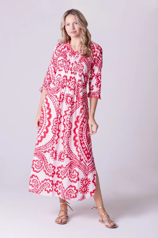 Cotton Annabel Maxi Dress in Red & White Ikat Fashionable Button-Down Maxi Dress