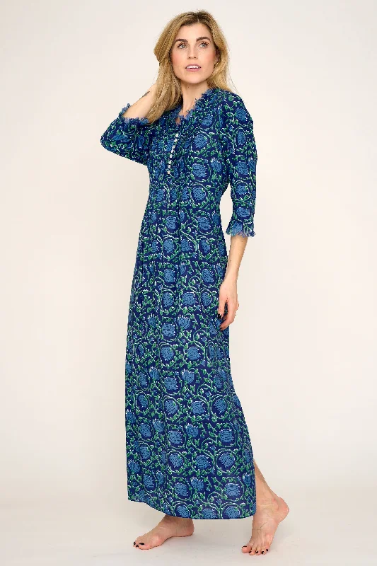 Cotton Annabel Maxi Dress in Royal Blue with Blue & Green Flower Comfortable Ruffle Maxi Dress