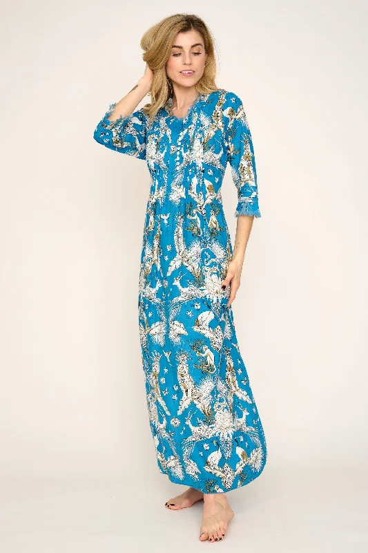 Cotton Annabel Maxi Dress in Sky Blue Tropical Comfortable Maxi Dress with Slits