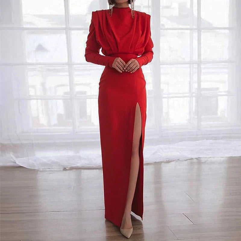 Fashion Pleated High Split Long Sleeve Maxi Dress Stylish Maxi Dress with Frills