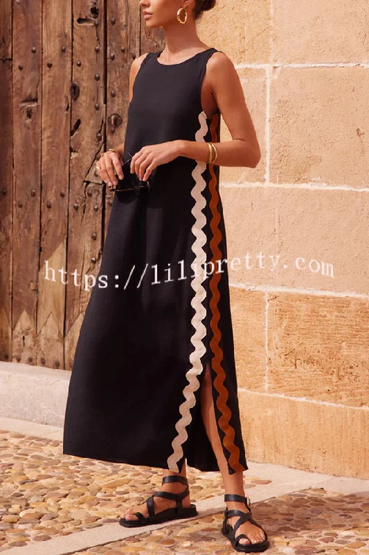 Lilipretty® Vacation Villa Side Ric Rac Wave Trim Slit Loose Maxi Dress Stylish V-Neck Maxi Dress