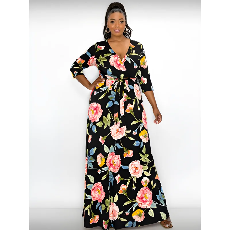 Floral Faux Wrap Maxi Dress - Plus Size 1XL, 2XL, 3XL Stylish Maxi Dress with Frills