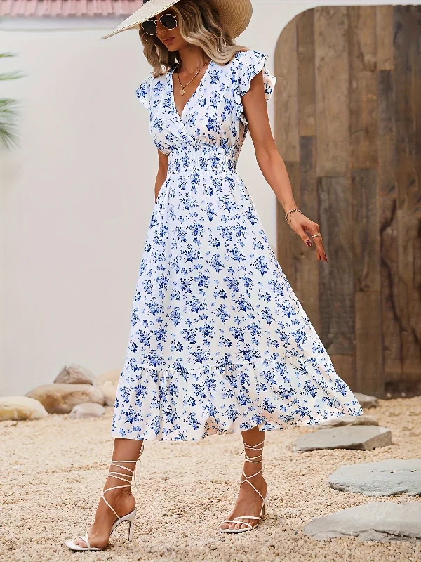 Floral Print Shirred Waist Dress, Elegant Ruffle Trim Surplice Neck Maxi Dress, Women's Clothing Fashionable Button-Down Maxi Dress