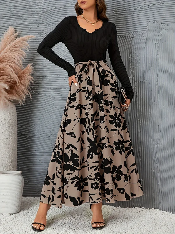 Floral Print Splicing Dress, Casual Long Sleeve Maxi Dress, Women's Clothing Elegant Tiered Maxi Dress