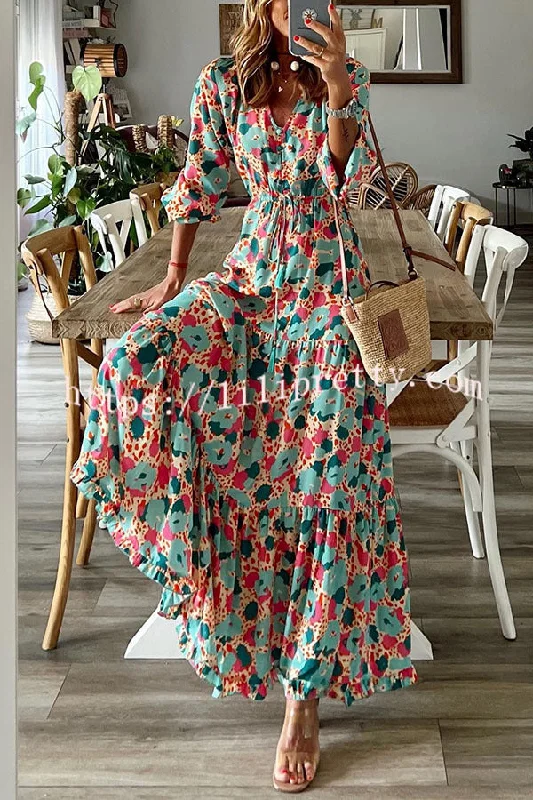 Lilipretty Full Bloom Floral Adjustable Waist Maxi Dress Comfortable Long-Sleeve Maxi Dress