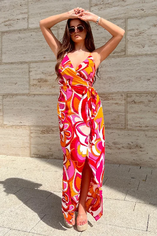 Girl in Mind Mia Pink and Orange Wrap Maxi Dress Elegant Maxi Dress with Drapes