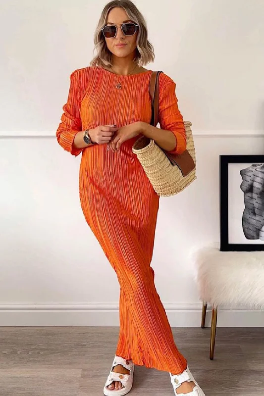 Glamours Long Sleeve Shirred Beach Vacation Maxi Dress - Burnt Orange Classic V-Neck Maxi Dress