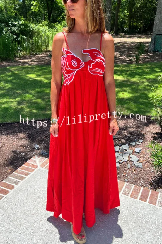 Red Fish Embroidered Sling Backless Maxi Dress Elegant Velvet Maxi Dress