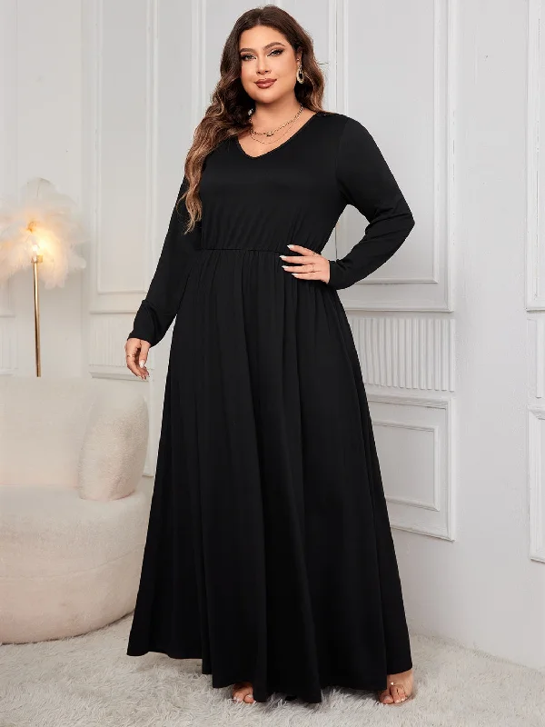 Honey Plus Size Cutout V-Neck Long Sleeve Maxi Dress Trendy Maxi Dress with Bow