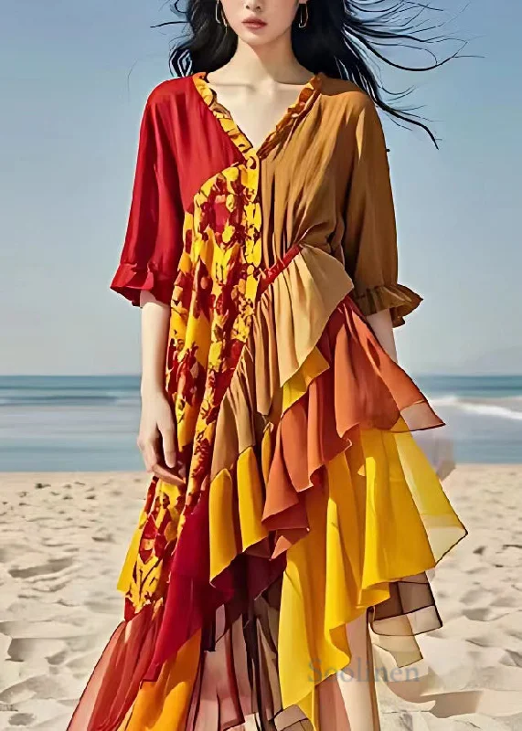 Italian Colorblock V Neck Ruffled Patchwork Chiffon Maxi Dresses Summer Cozy Knit Maxi Dress