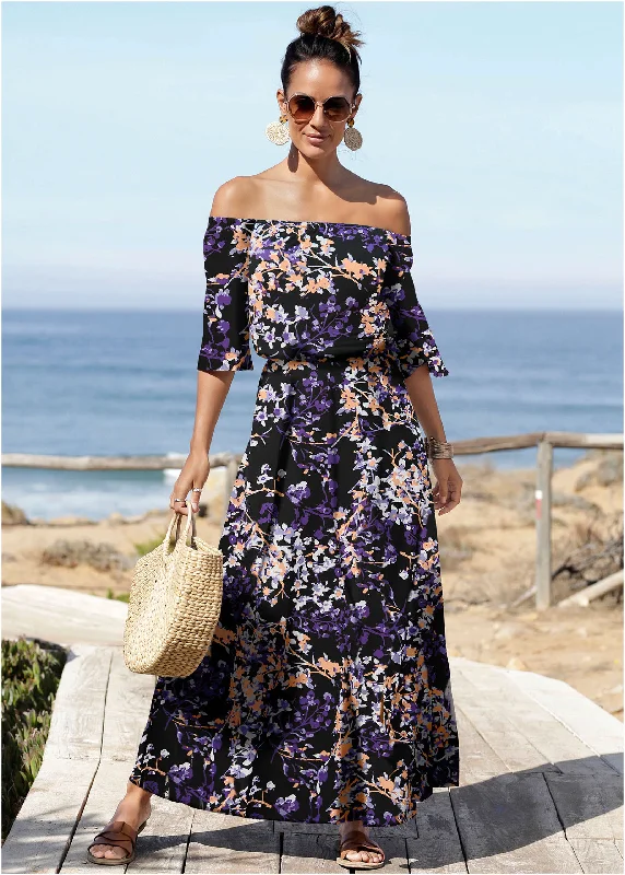 Off-The-Shoulder Maxi Dress - Purple Multi Cozy Cold-Shoulder Maxi Dress