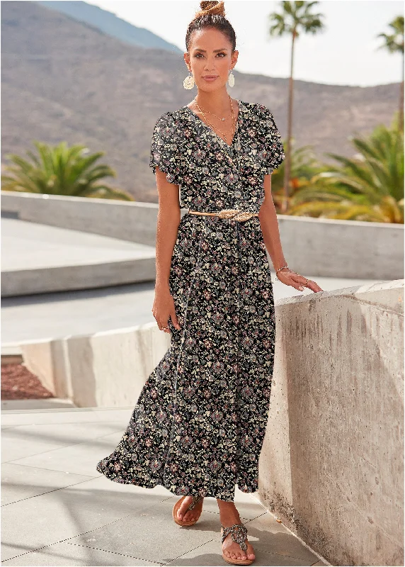 Abstract Print Maxi Dress - Black Floral Trendy Short Sleeve Maxi Dress