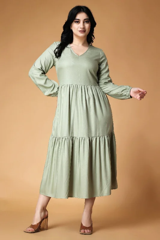 Light Green Solid Layered Frill Maxi Dress Cozy Ruffle Sleeve Maxi Dress