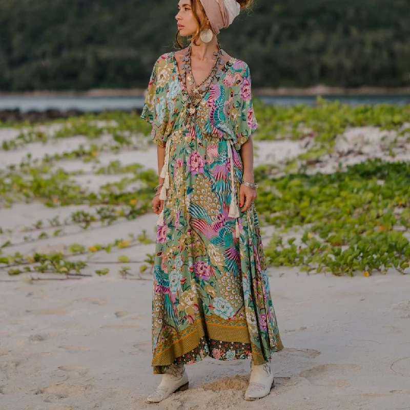 Mali Peacock Floral Maxi Dress Comfortable Ruffle Hem Maxi Dress