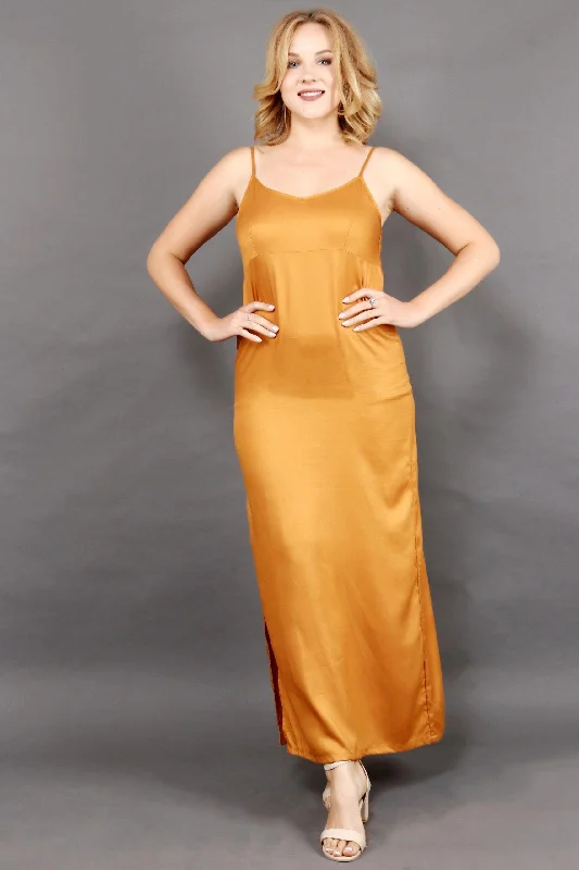 Mustard Solid Maxi Dress with Side Slit Fashionable Button-Down Maxi Dress