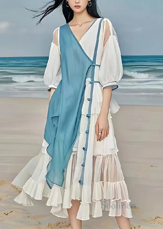 Natural White Patchwork Tie Waist Vacation Chiffon Maxi Dresses Half Sleeve Stylish Maxi Dress with Pleats