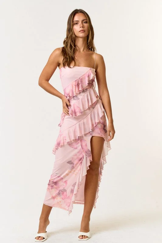 Palmilla Floral Mesh Ruffle Maxi Dress Stylish Pleated A-Line Maxi Dress