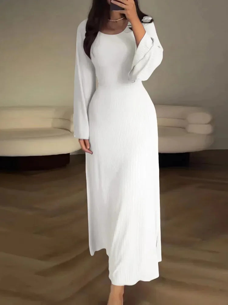 Patchwork Bandaged Round-necked Slim-fitted Long-sleeved Street-ready Ankle-length Maxi Dress Stylish Off-Shoulder Maxi Dress