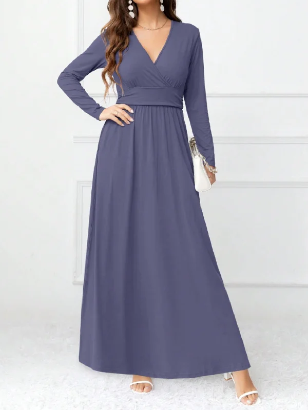 Pocketed Surplice Long Sleeve Maxi Dress Cozy Open-Back Maxi Dress