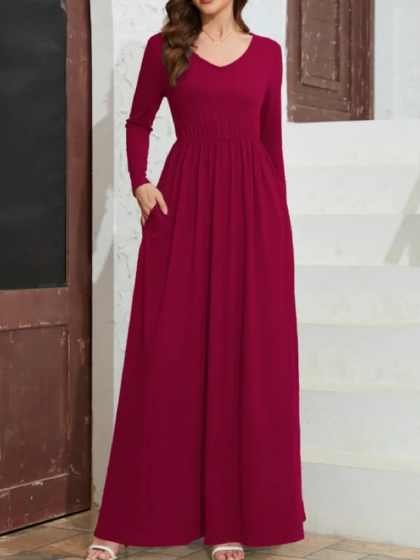 Pocketed V-Neck Long Sleeve Maxi Dress Fashionable Halter Neck Maxi Dress