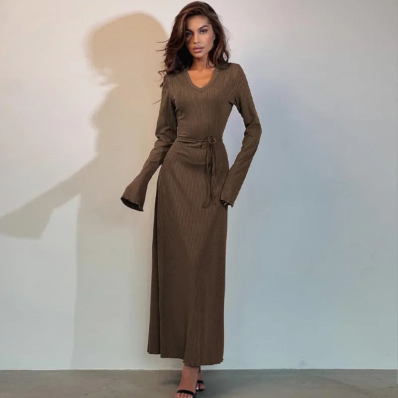 Ribbed Knitted Tie-detailed Fashionable Club-ready Birthday Autumnal Maxi Dress Cozy Maxi Dress with Slit