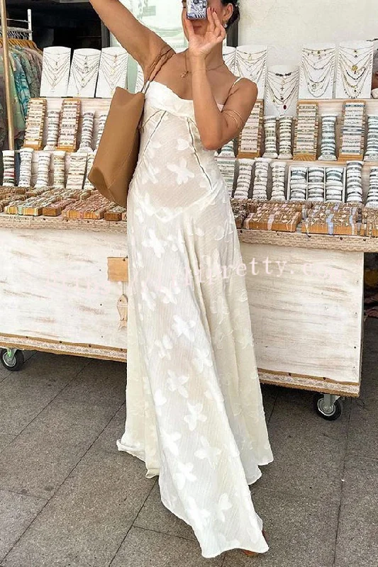 Romantic Vintage Feel Jacquard Fabric Back Lace-up Slip Floaty Maxi Dress Stylish V-Neck Maxi Dress